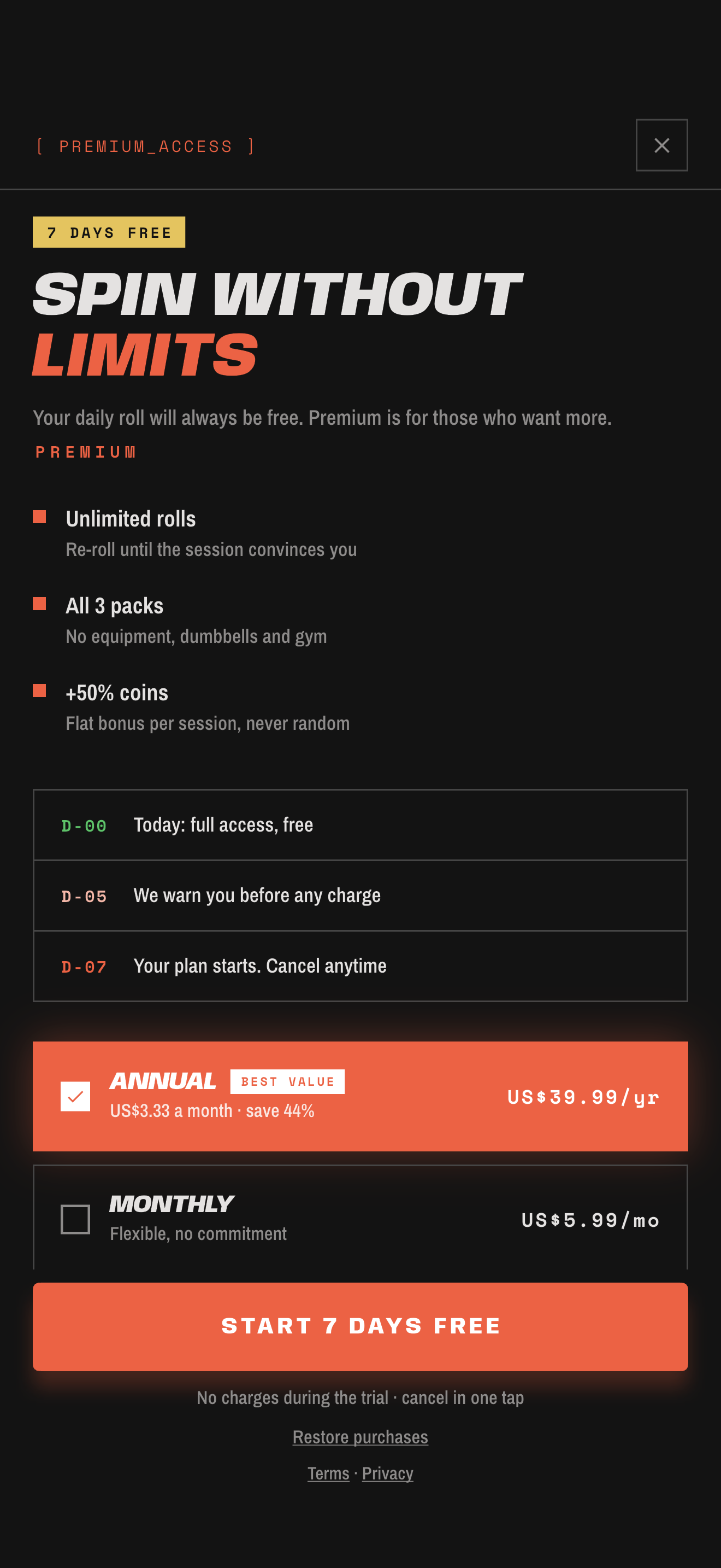 DropSet Premium with annual and monthly plans and a 7-day free trial